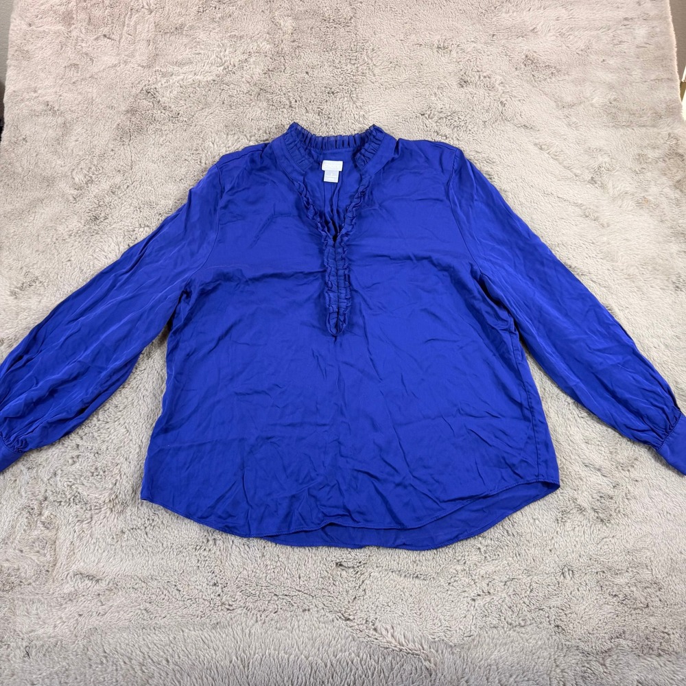 Chico's Size 3‎ (XL) Blue Ruffle Neck Long Sleeve Blouse Top Women's Career